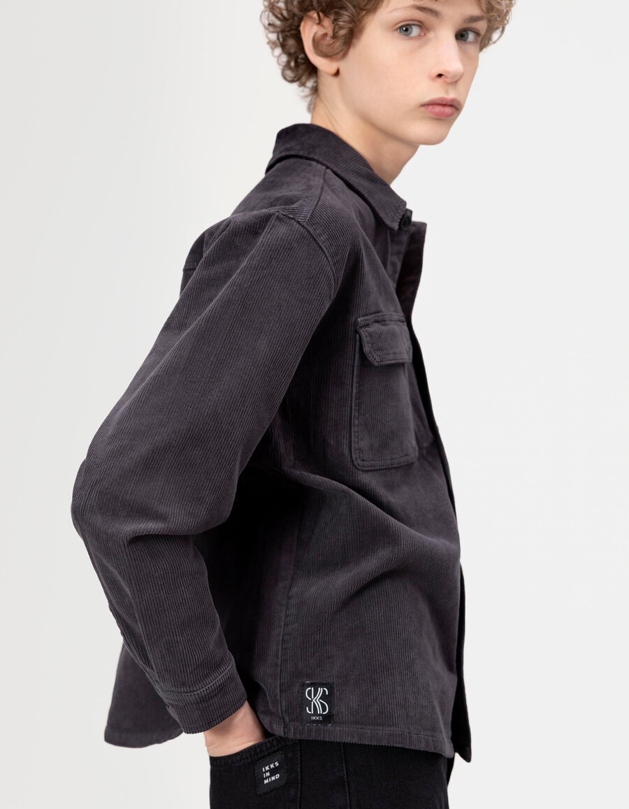 camicia a maniche lunghe in velluto a coste grigio per bambini