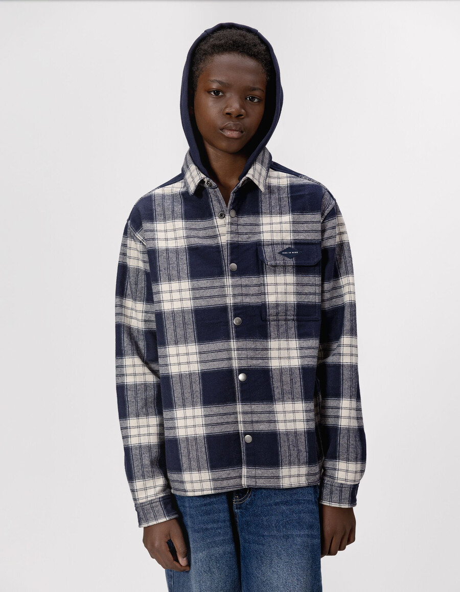 camicia a quadri blu navy da bambino con cappuccio staccabile