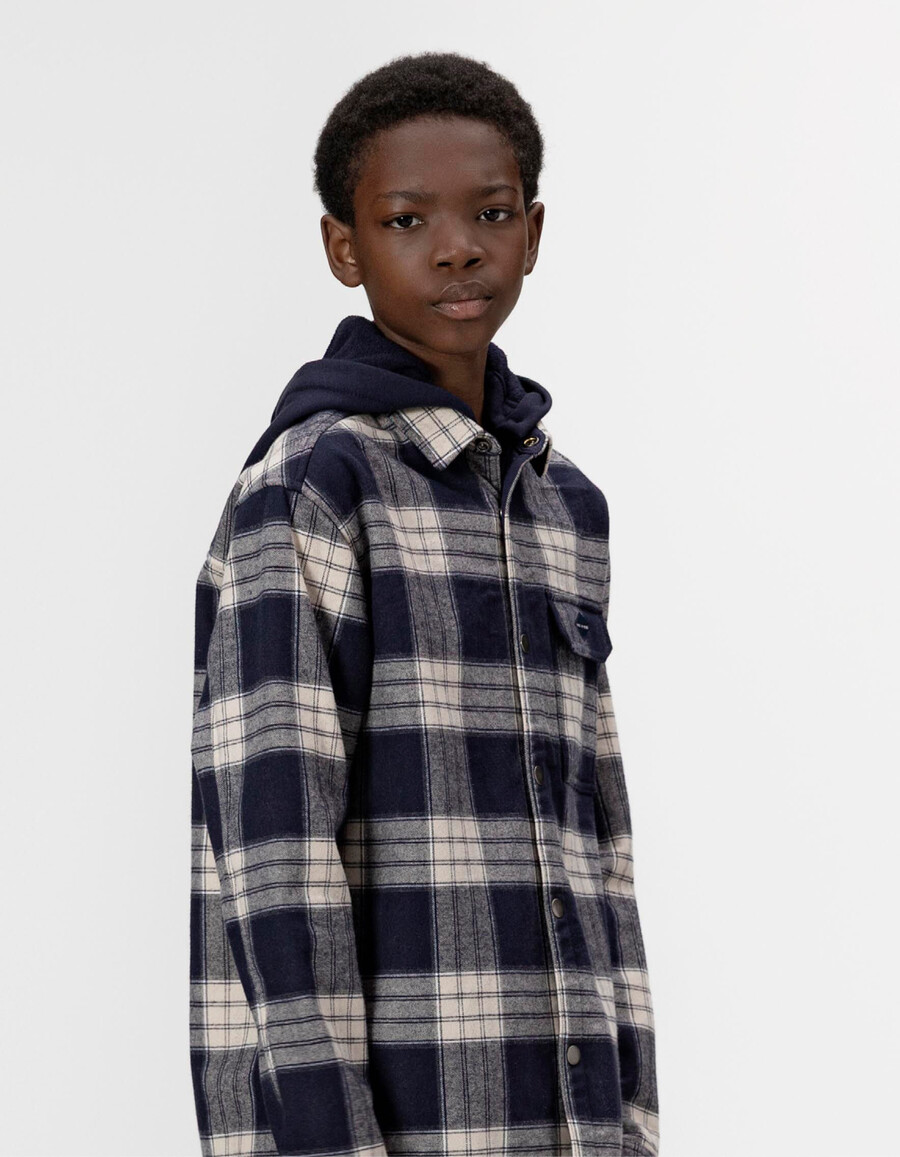 camicia a quadri blu navy da bambino con cappuccio staccabile