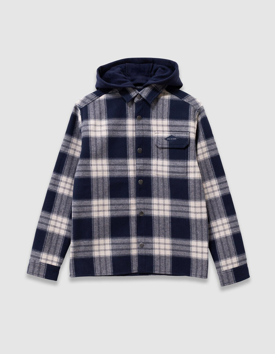 camicia a quadri blu navy da bambino con cappuccio staccabile