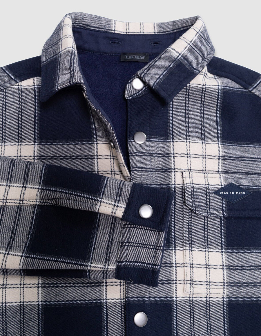 camicia a quadri blu navy da bambino con cappuccio staccabile