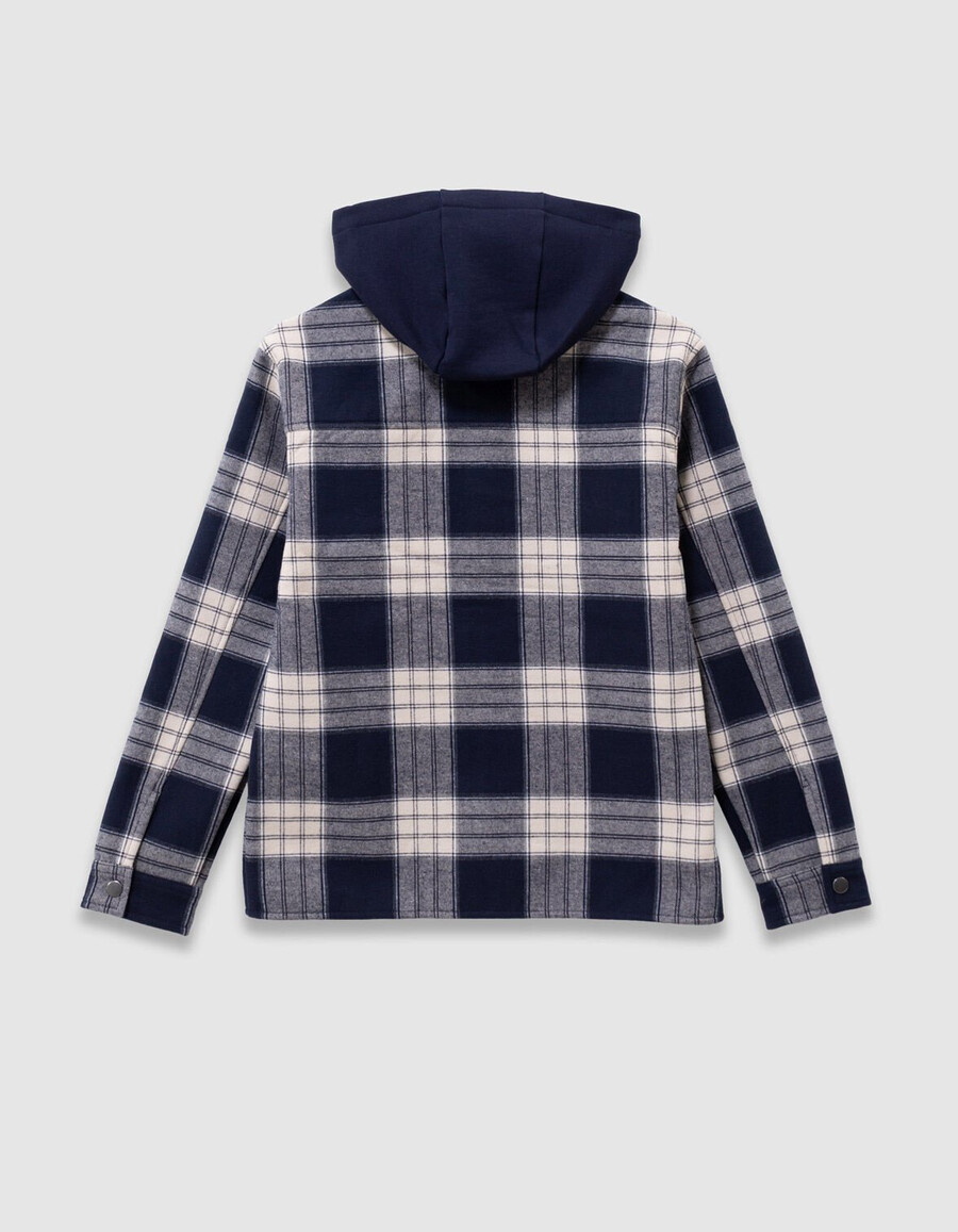 camicia a quadri blu navy da bambino con cappuccio staccabile