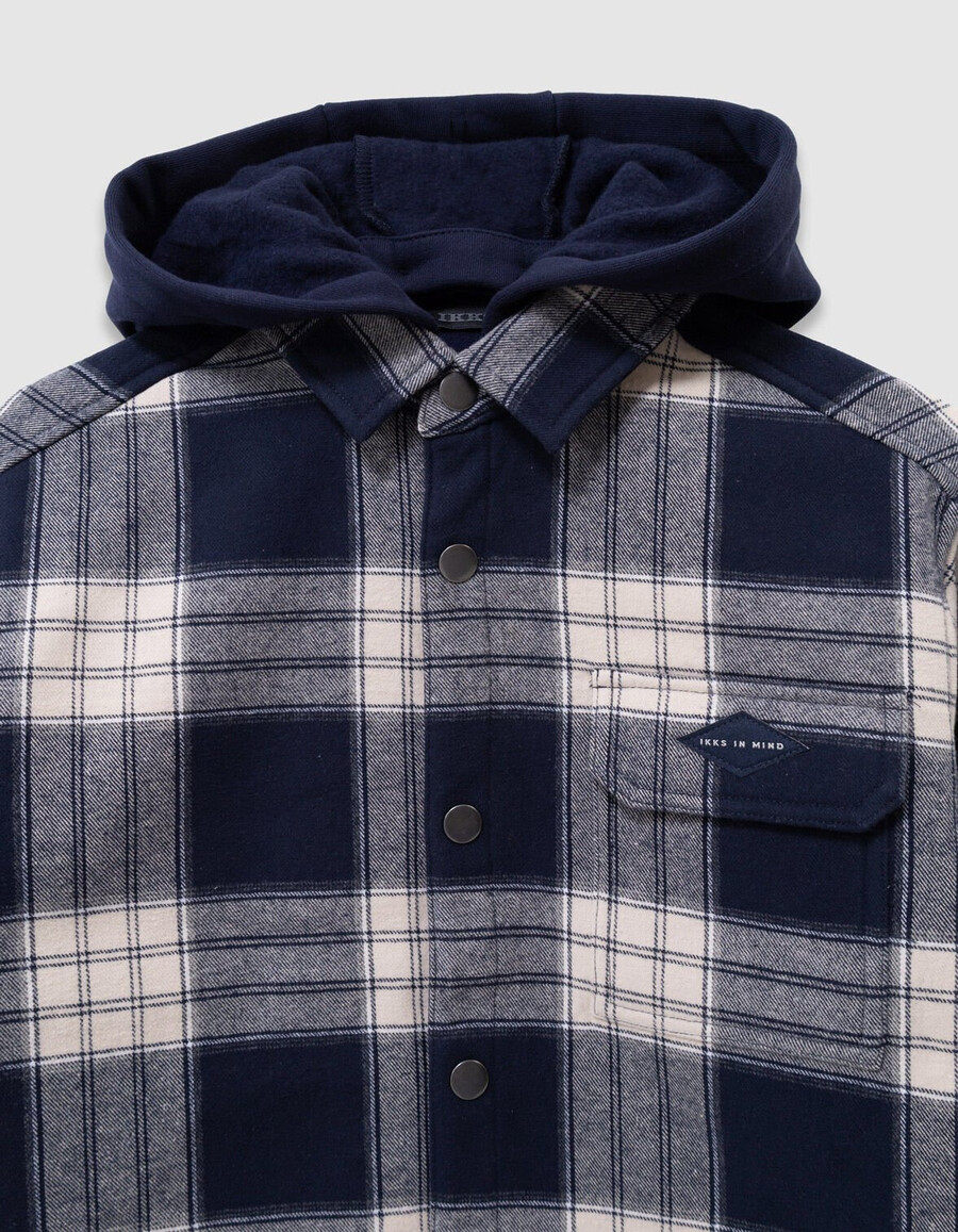 camicia a quadri blu navy da bambino con cappuccio staccabile