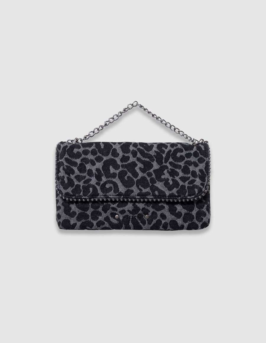 borsa nera da bambina con stampa leopardata e bordo in microperline