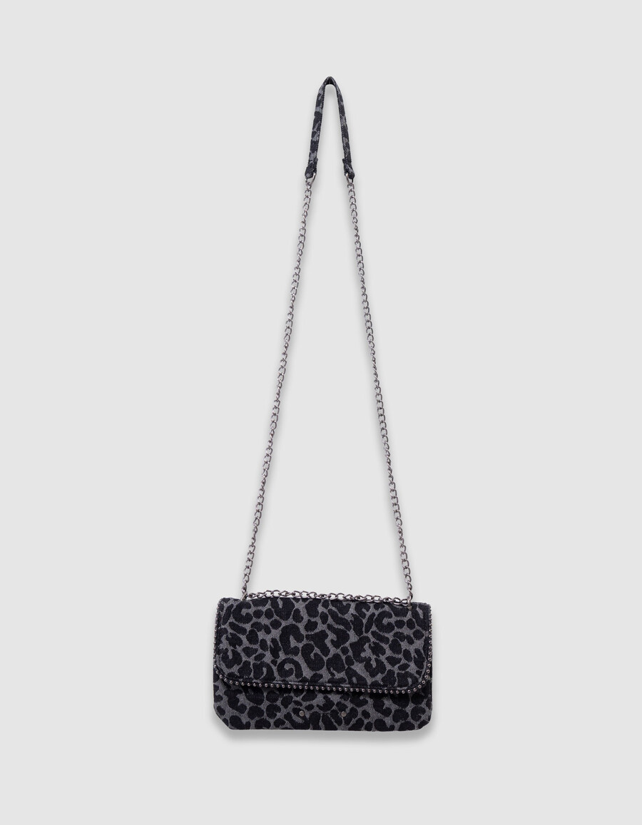 borsa nera da bambina con stampa leopardata e bordo in microperline