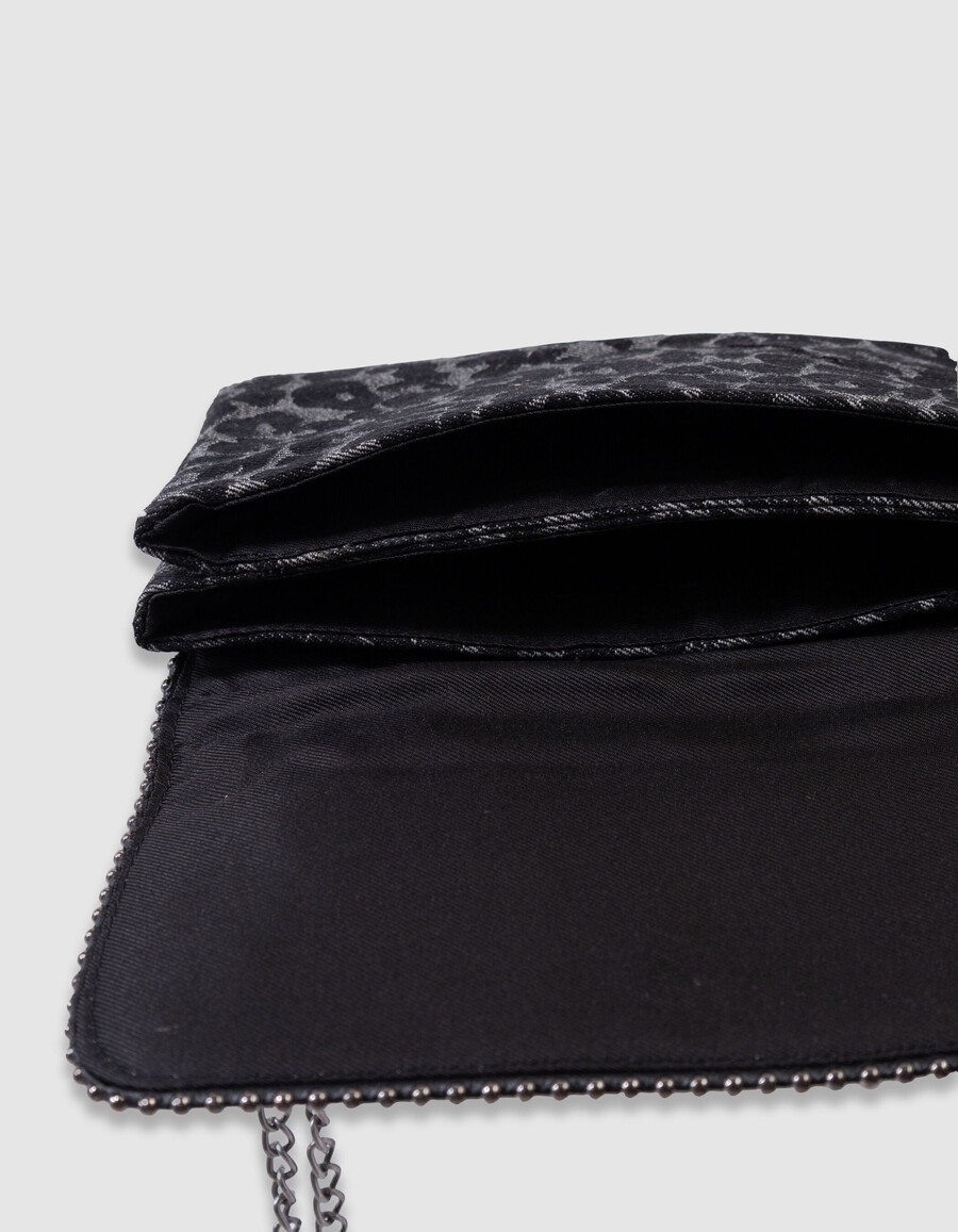borsa nera da bambina con stampa leopardata e bordo in microperline