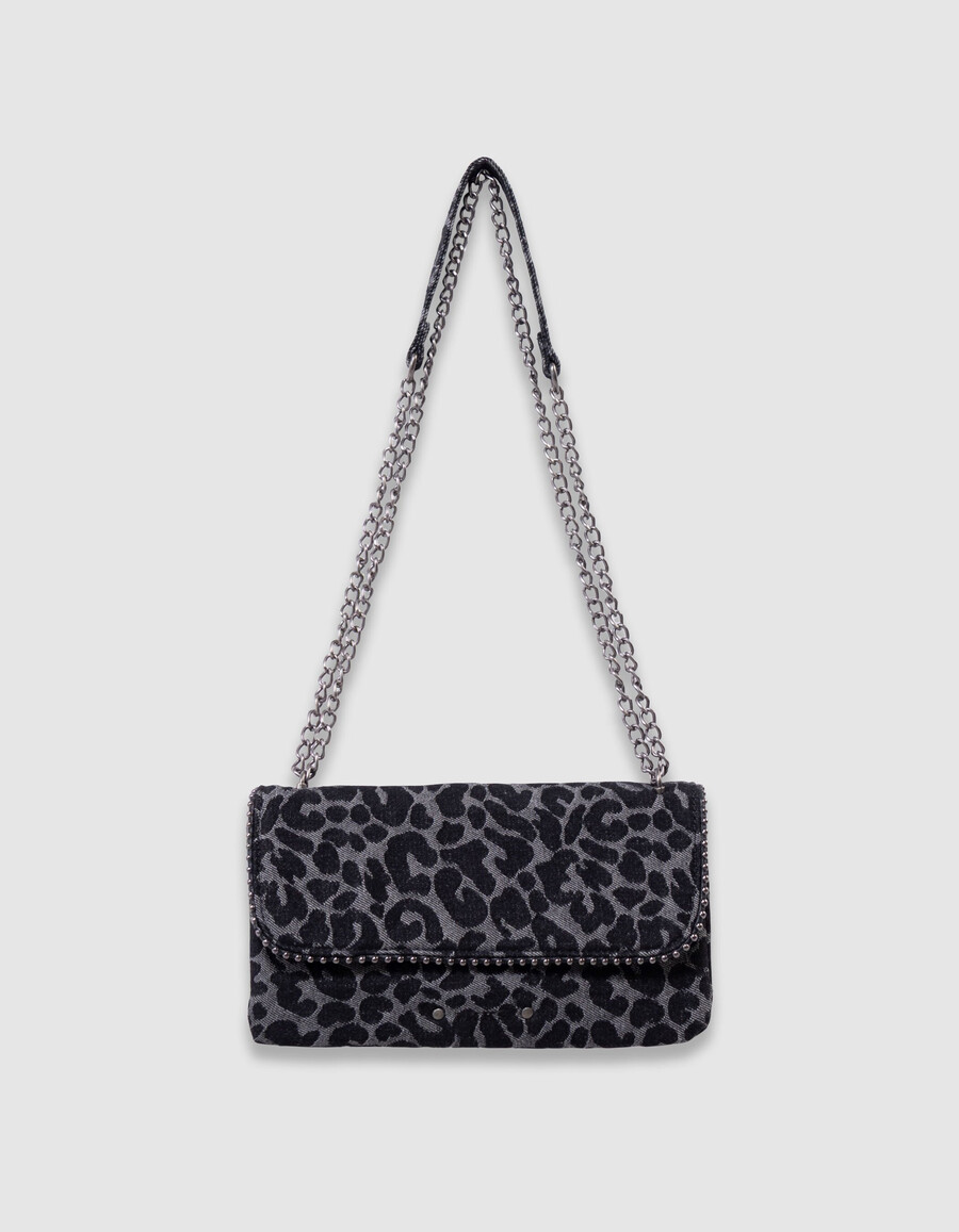 borsa nera da bambina con stampa leopardata e bordo in microperline