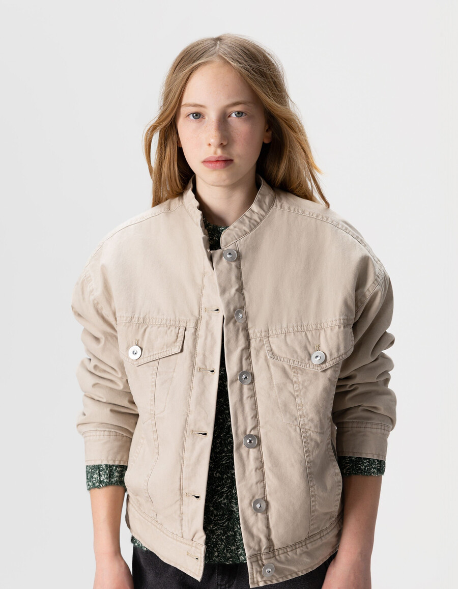 giacca in tela beige con fodera in pelliccia per bambine