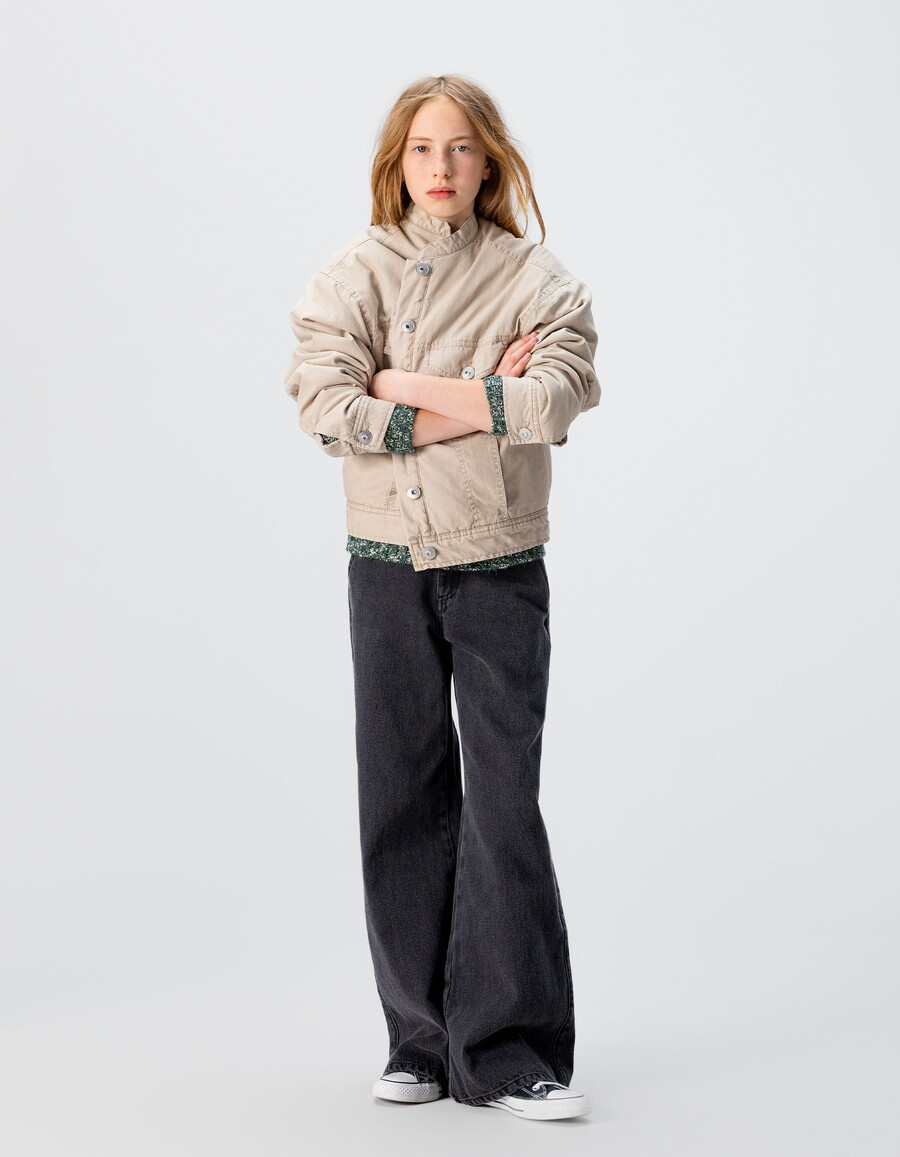 giacca in tela beige con fodera in pelliccia per bambine