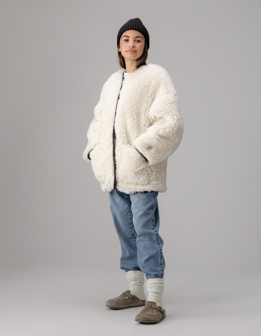 cappotto reversibile beige a quadri e sherpa per bambine