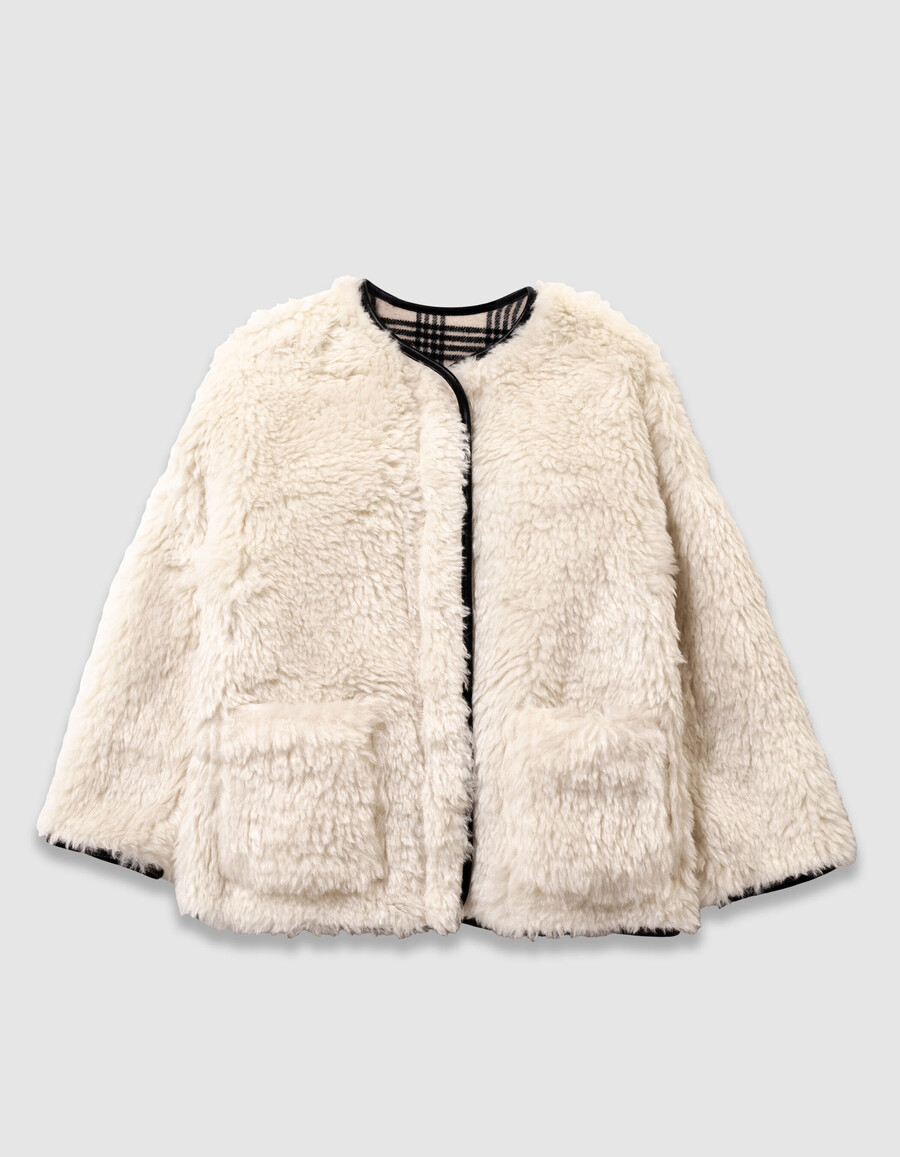 cappotto reversibile beige a quadri e sherpa per bambine