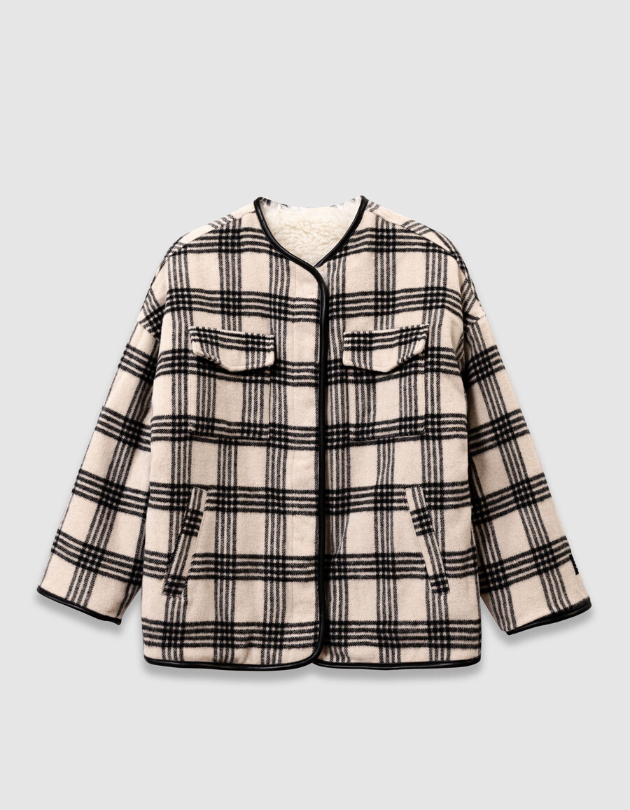 cappotto reversibile beige a quadri e sherpa per bambine