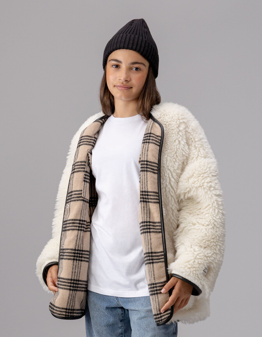 cappotto reversibile beige a quadri e sherpa per bambine