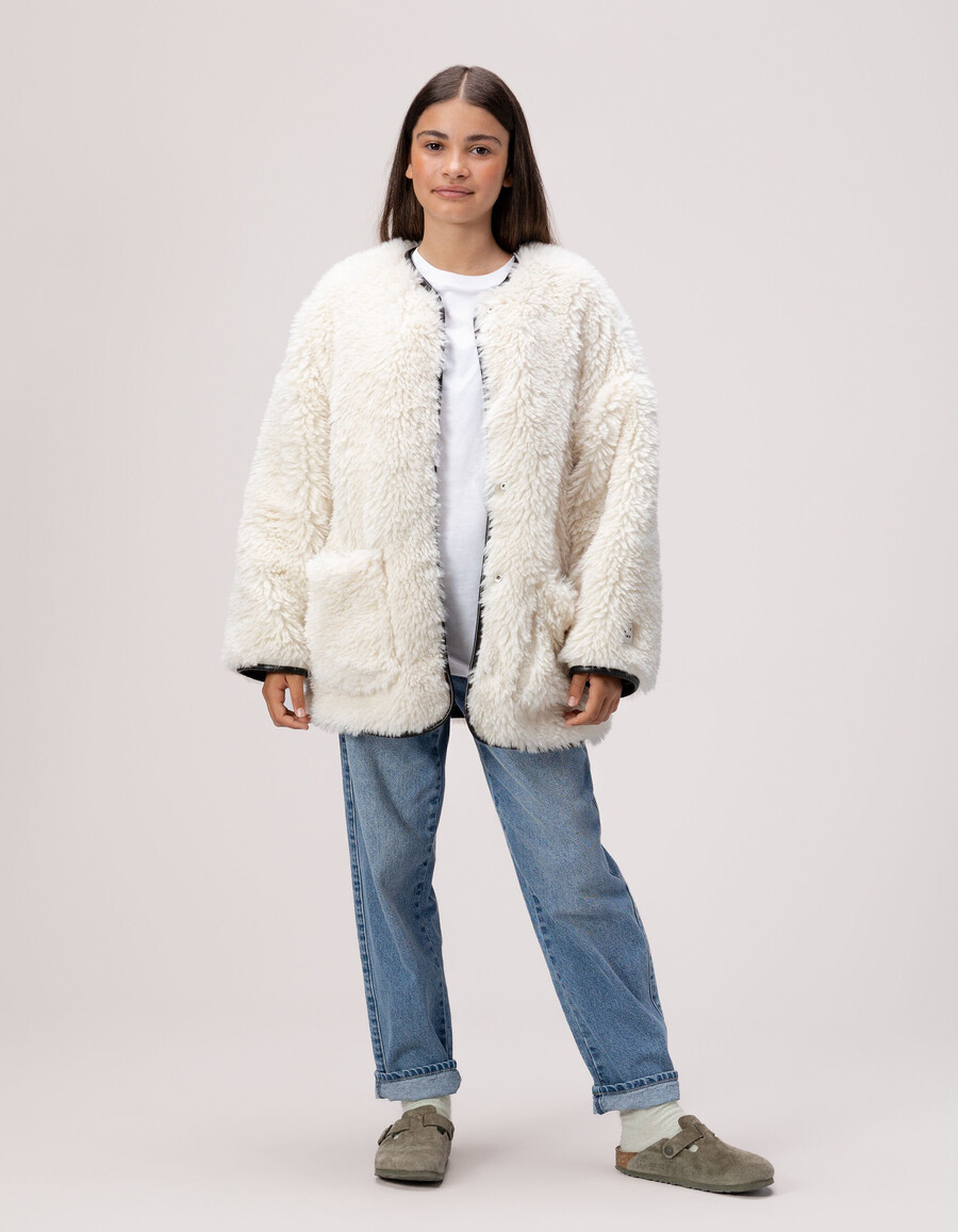 cappotto reversibile beige a quadri e sherpa per bambine