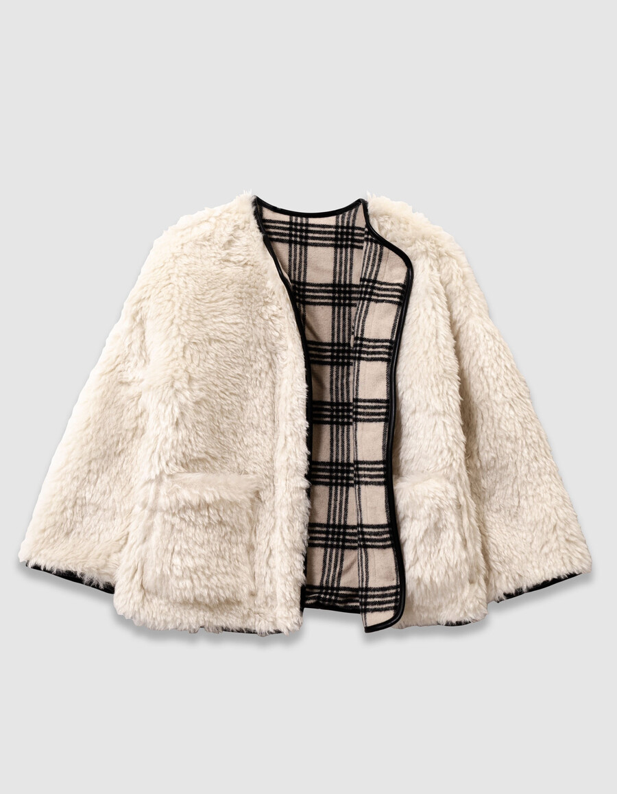 cappotto reversibile beige a quadri e sherpa per bambine