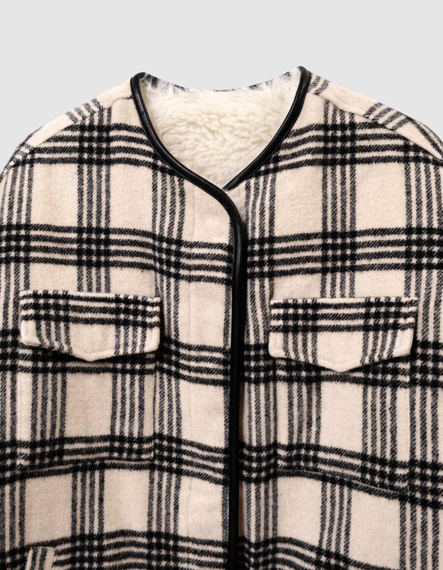 cappotto reversibile beige a quadri e sherpa per bambine