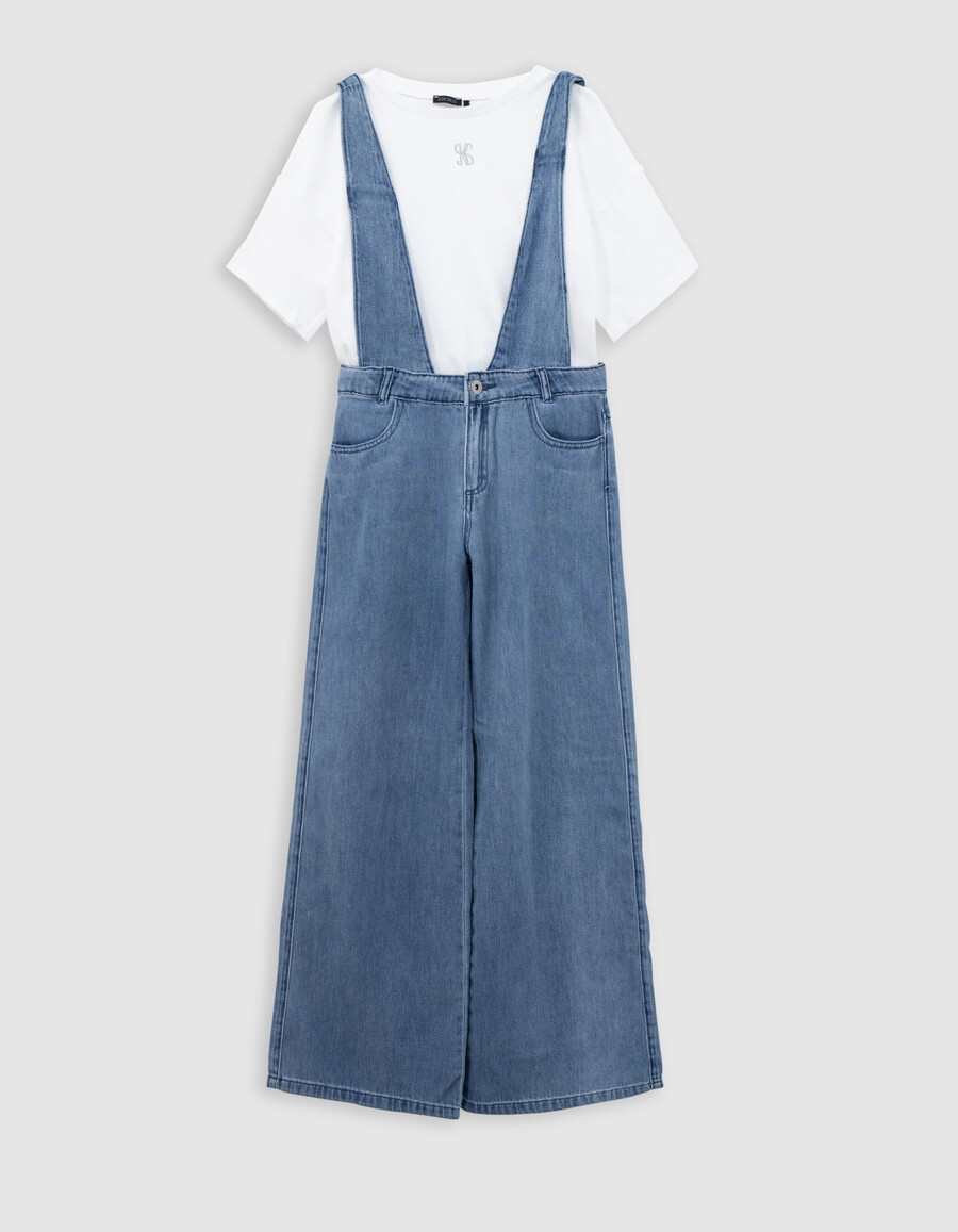 completo da bambina con salopette blu e maglietta bianca