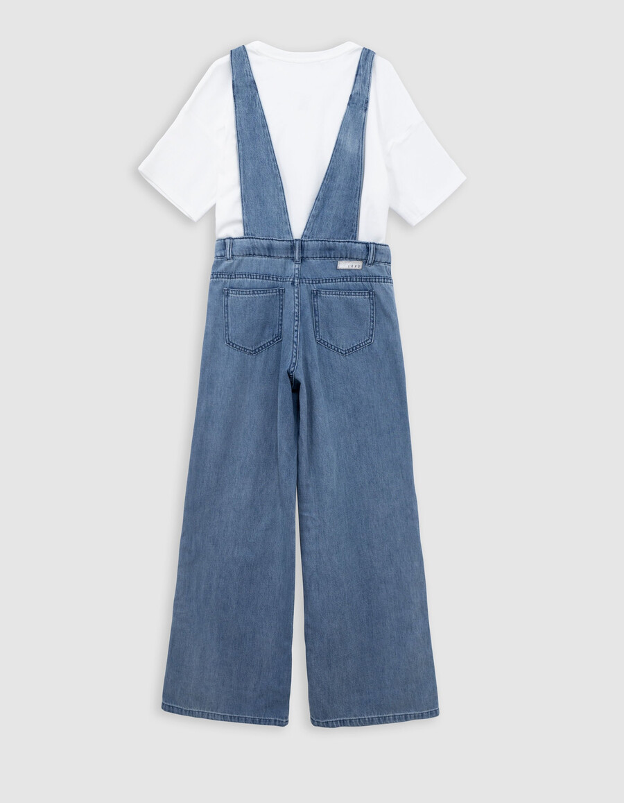completo da bambina con salopette blu e maglietta bianca