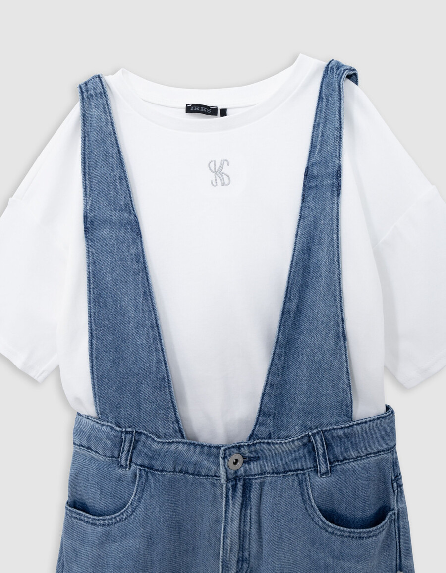 completo da bambina con salopette blu e maglietta bianca