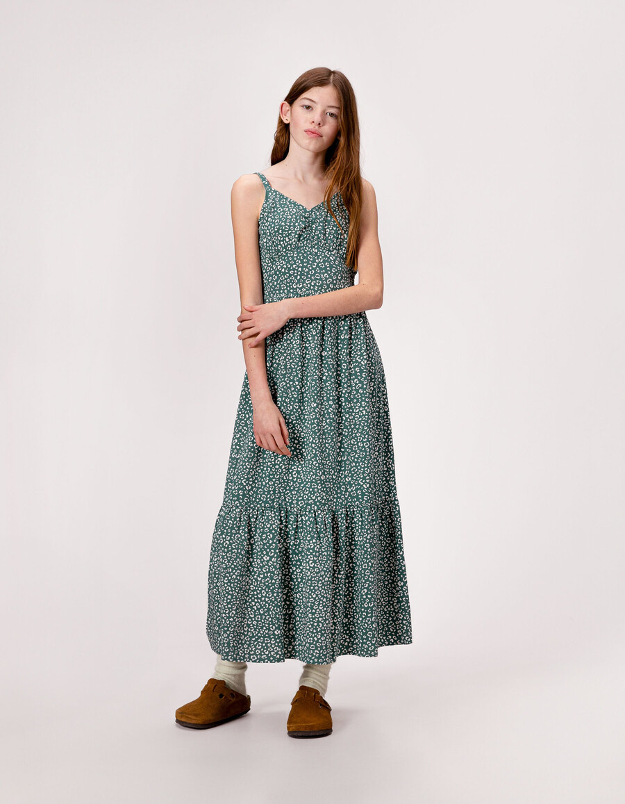 abito lungo verde con spalline e stampa leopardata per bambine