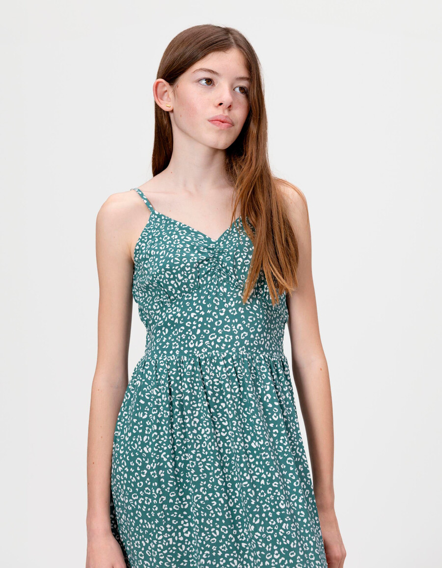 abito lungo verde con spalline e stampa leopardata per bambine