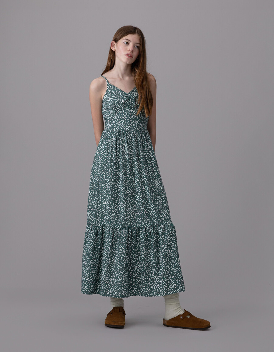 abito lungo verde con spalline e stampa leopardata per bambine