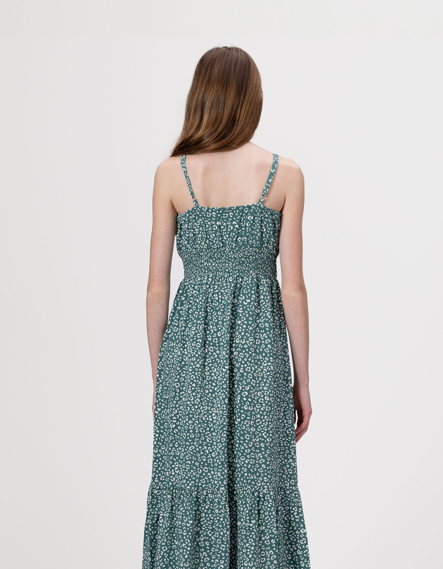 abito lungo verde con spalline e stampa leopardata per bambine