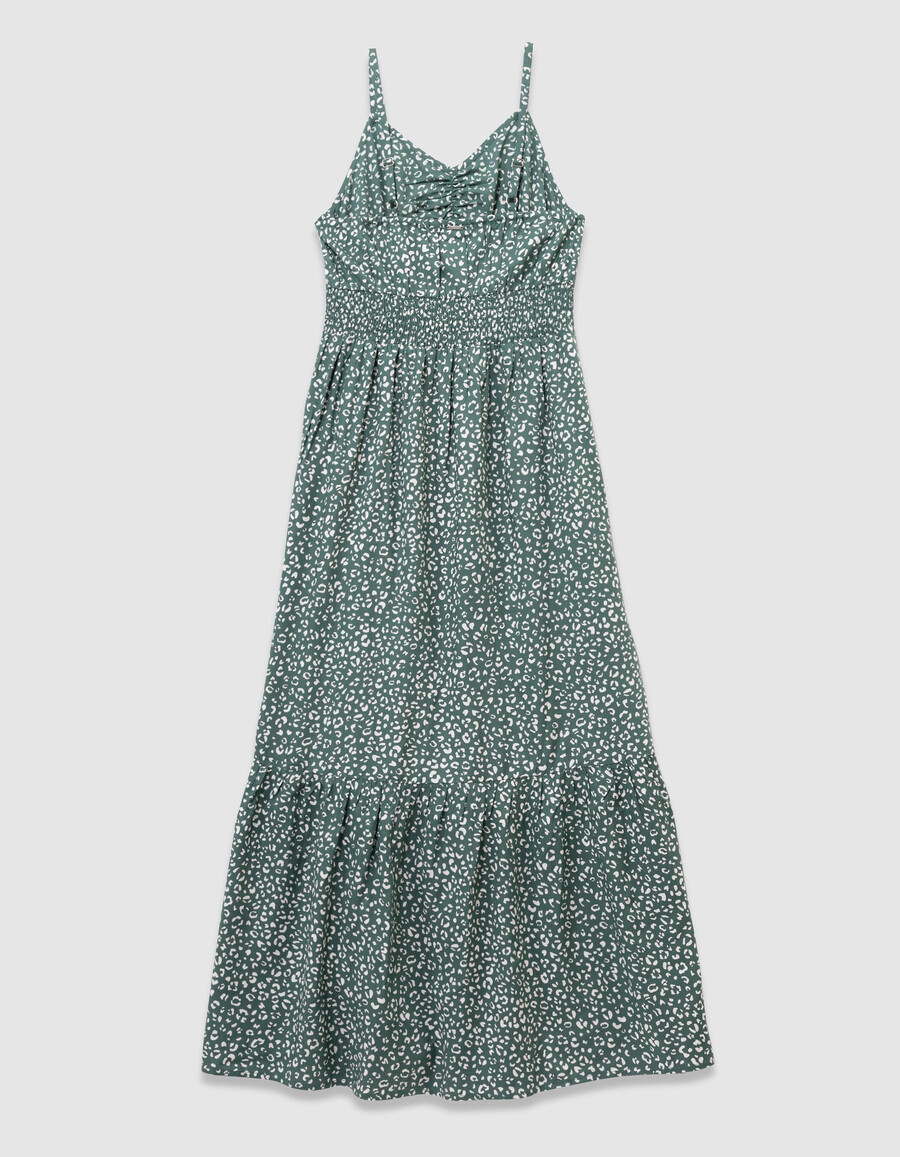 abito lungo verde con spalline e stampa leopardata per bambine