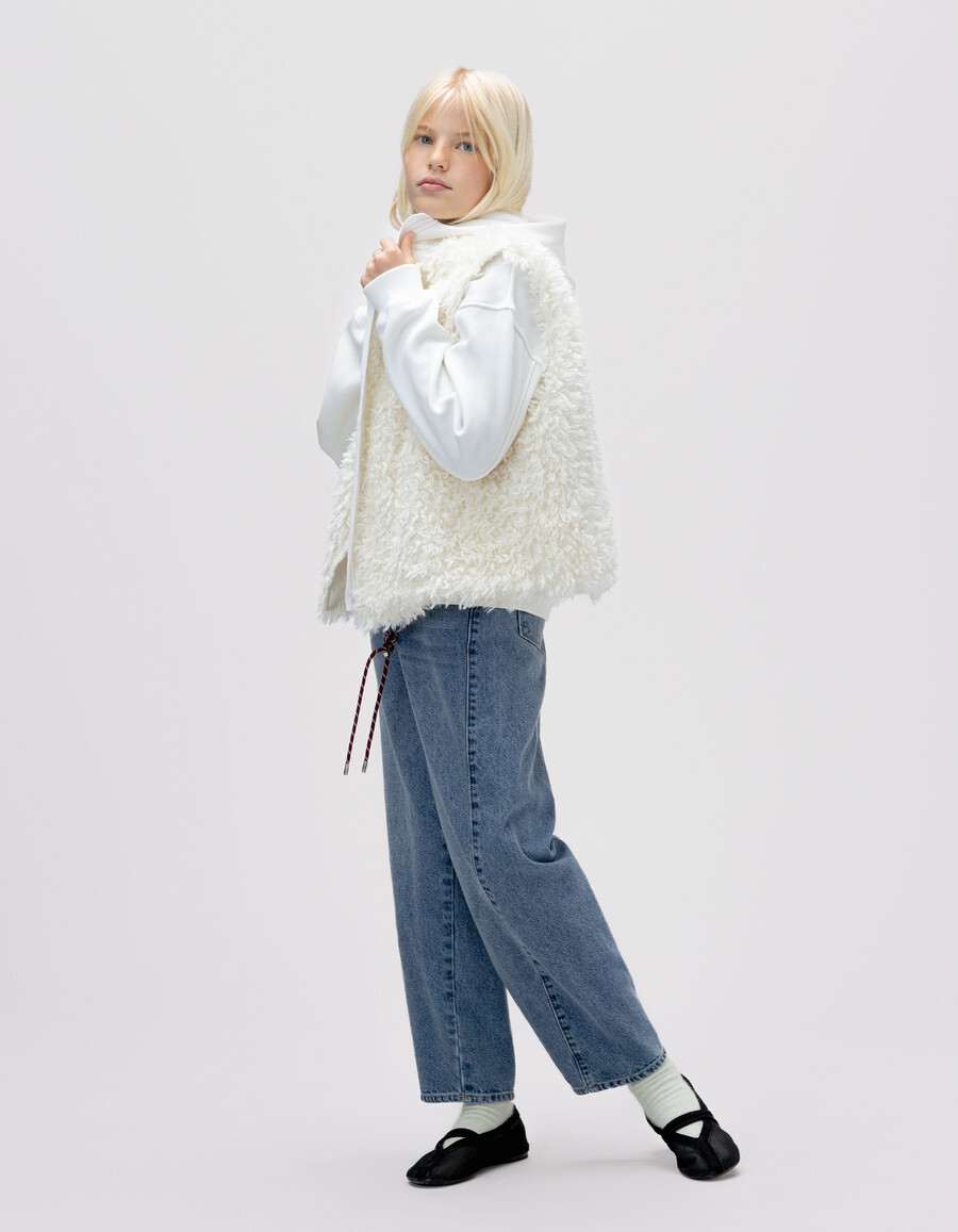 cardigan con cappuccio e gilet 2 in 1 color écru per bambine