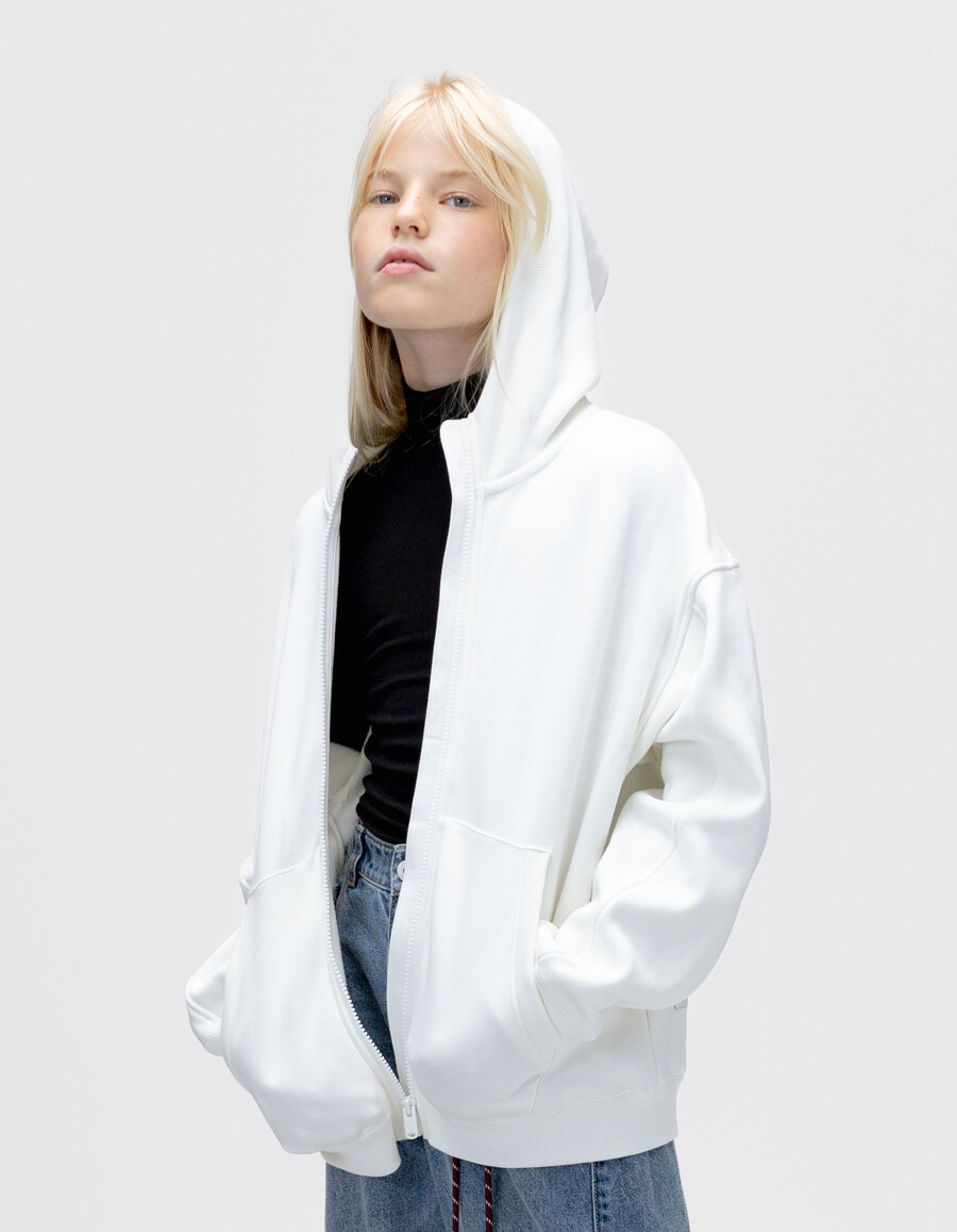 cardigan con cappuccio e gilet 2 in 1 color écru per bambine