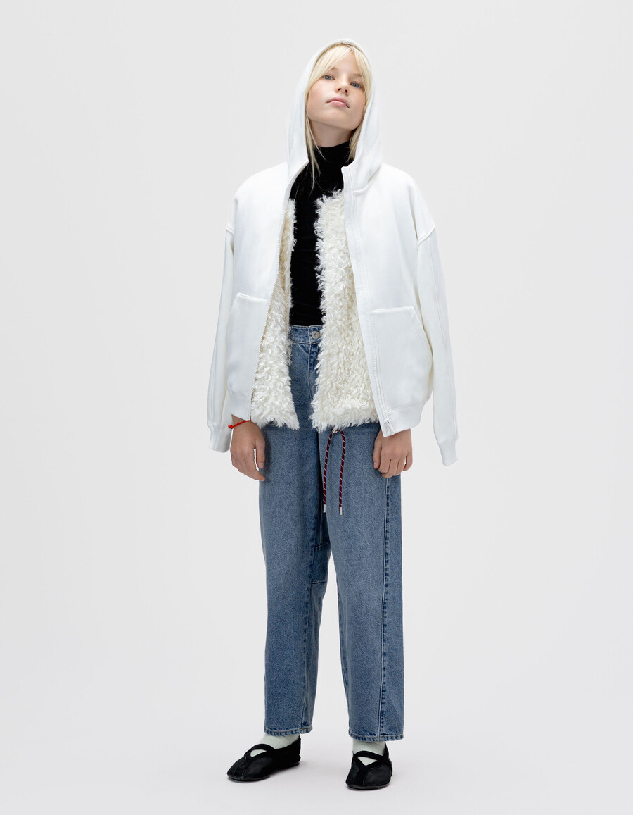 cardigan con cappuccio e gilet 2 in 1 color écru per bambine