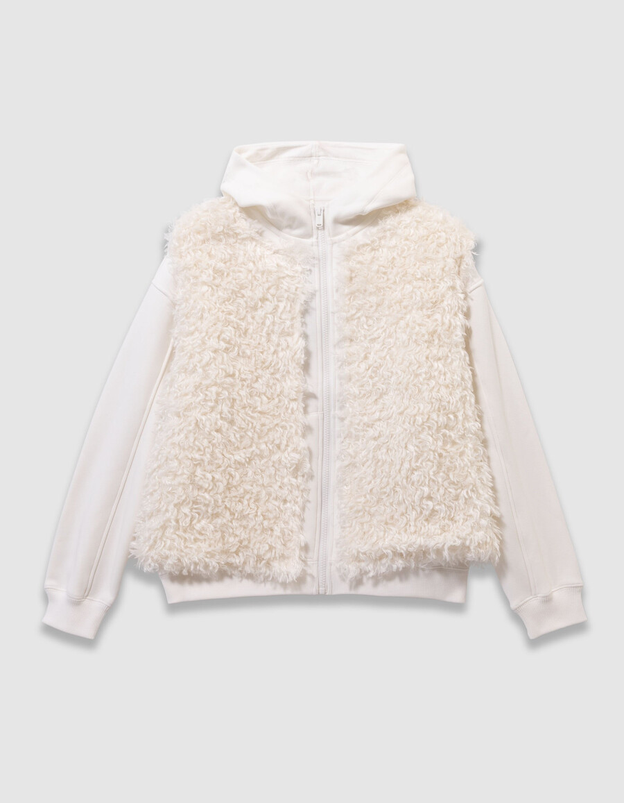 cardigan con cappuccio e gilet 2 in 1 color écru per bambine