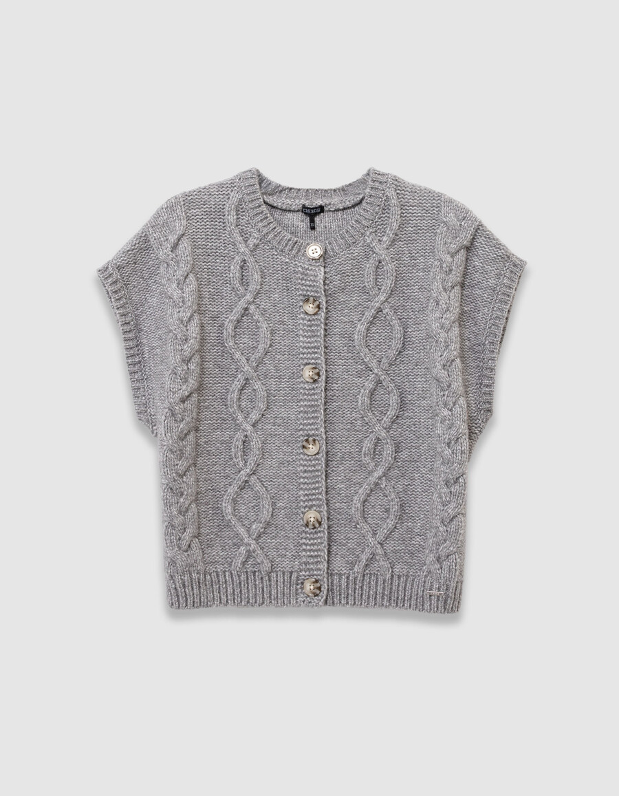 cardigan senza maniche in maglia a trecce grigia per bambine