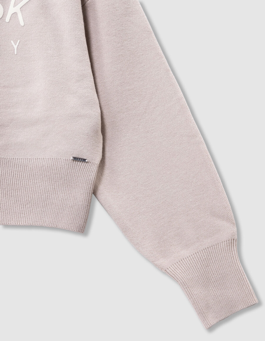 felpa con cappuccio beige in maglia con slogan per ragazze