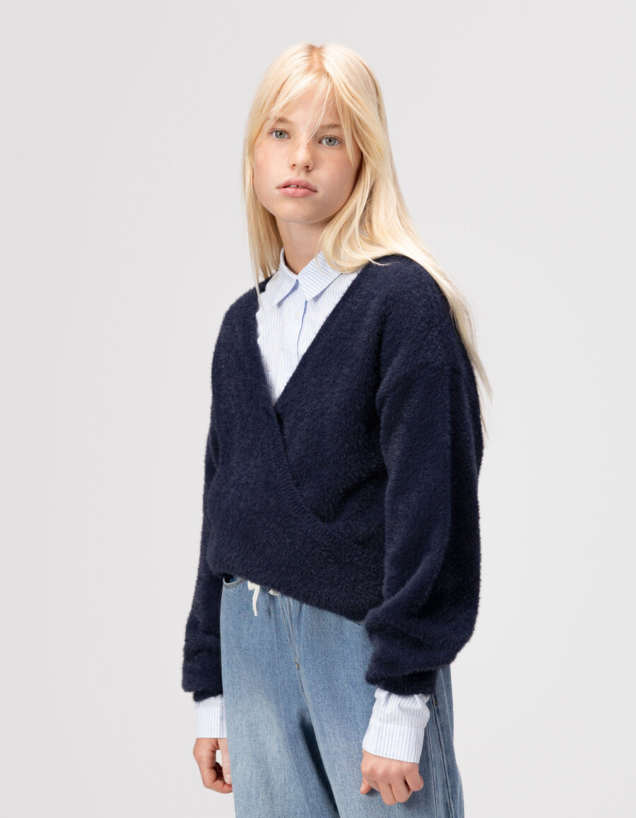 maglione avvolgente in maglia soffice blu navy per bambine