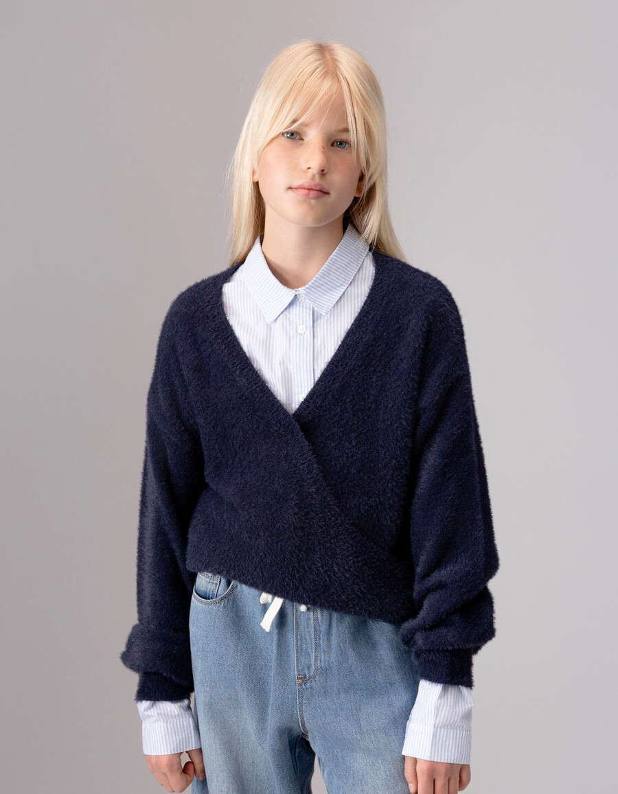 maglione avvolgente in maglia soffice blu navy per bambine