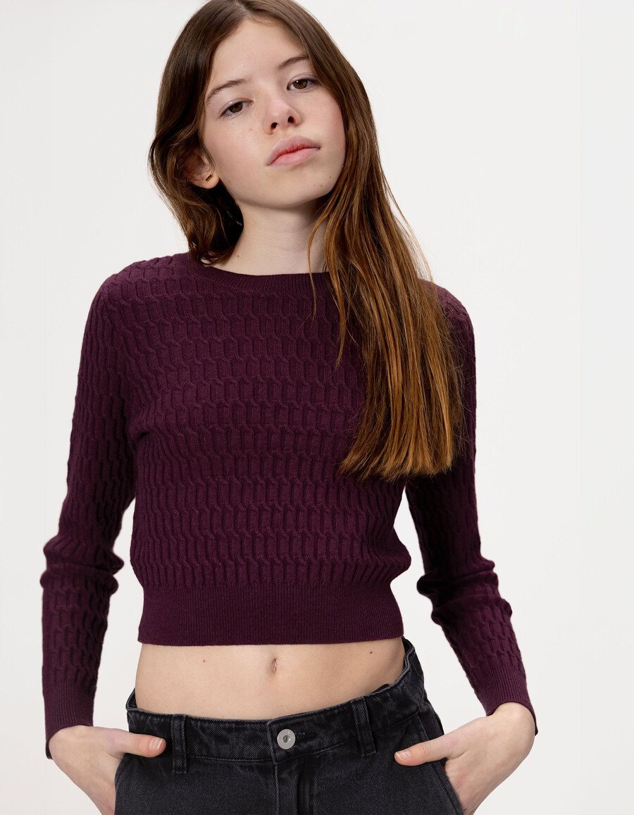 maglione decorativo bordeaux in maglia a trecce per bambine