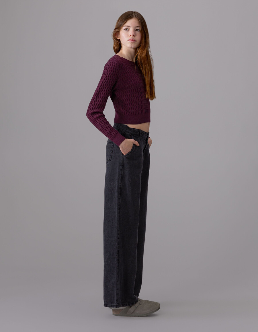 maglione decorativo bordeaux in maglia a trecce per bambine