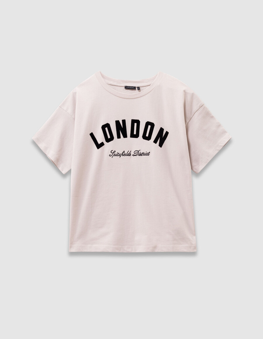 t-shirt beige in cotone biologico per bambina slogan neri