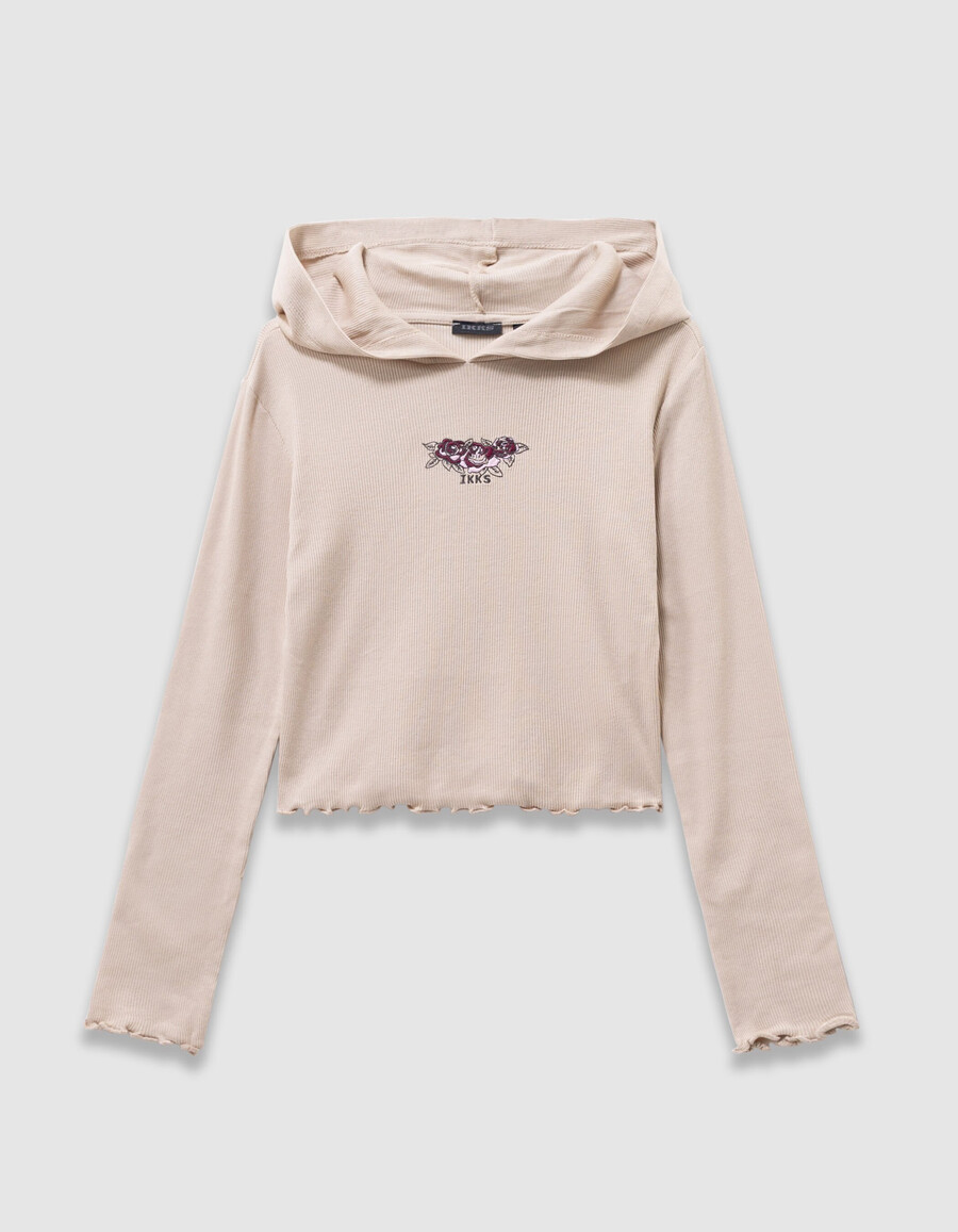 maglietta beige a coste con cappuccio e ricamo di rose per bambine