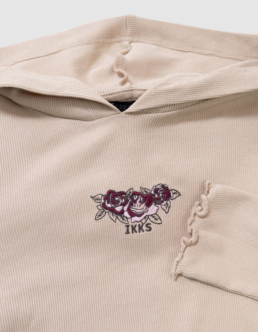 maglietta beige a coste con cappuccio e ricamo di rose per bambine
