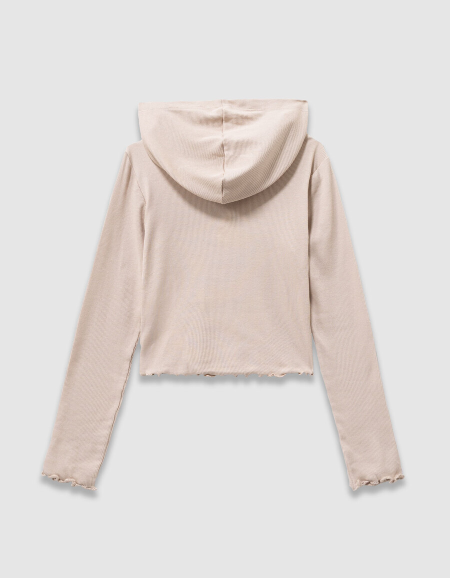 maglietta beige a coste con cappuccio e ricamo di rose per bambine