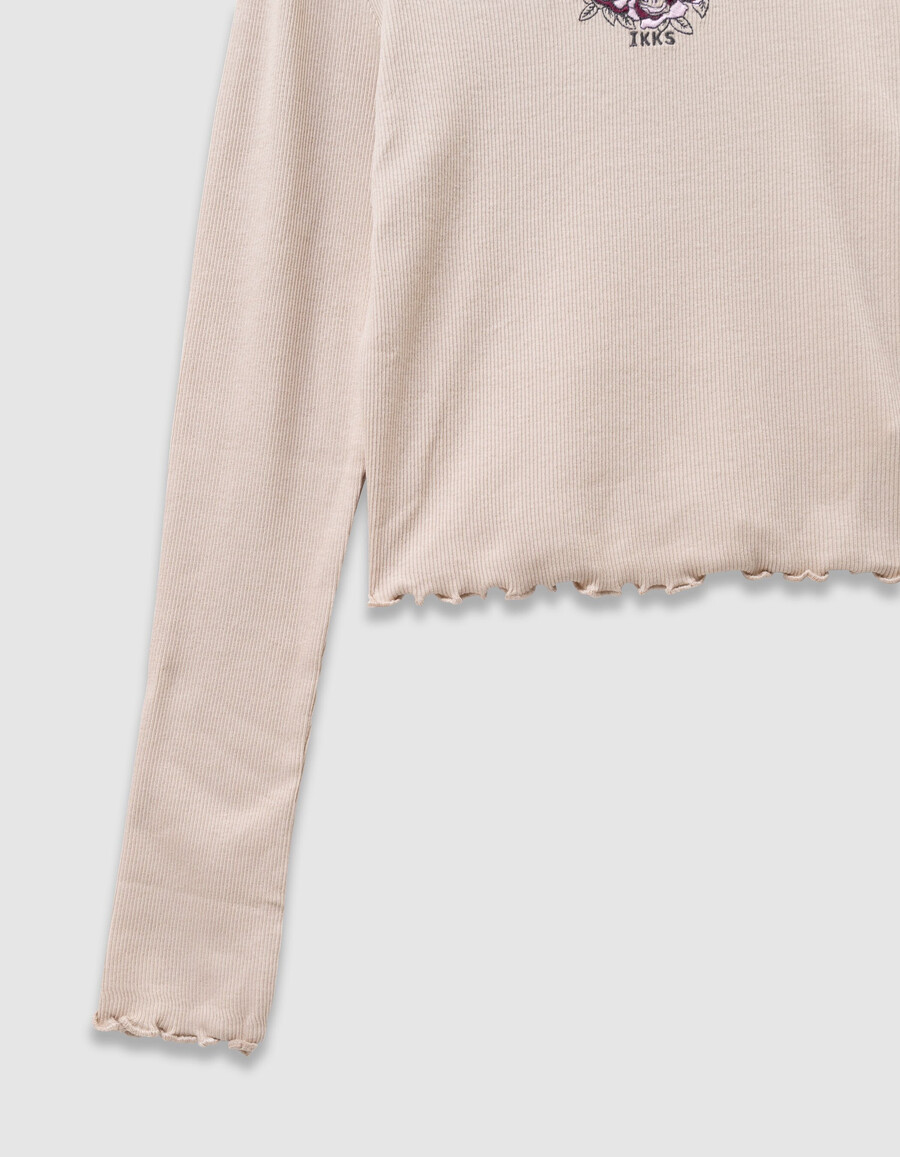 maglietta beige a coste con cappuccio e ricamo di rose per bambine