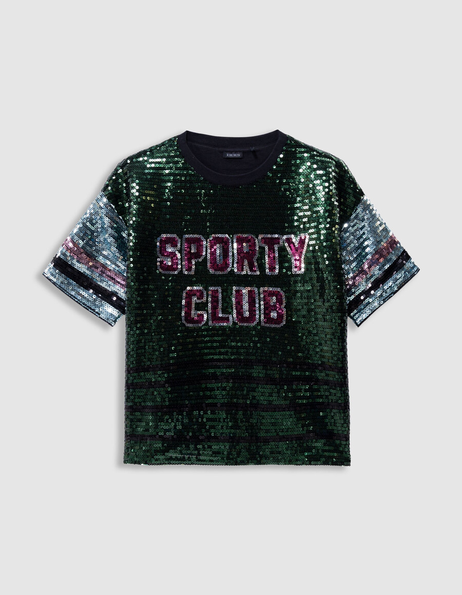 maglietta verde da bambina con scritta ricamata in paillettes