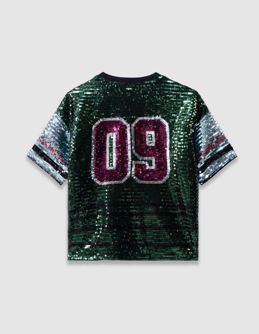 maglietta verde da bambina con scritta ricamata in paillettes