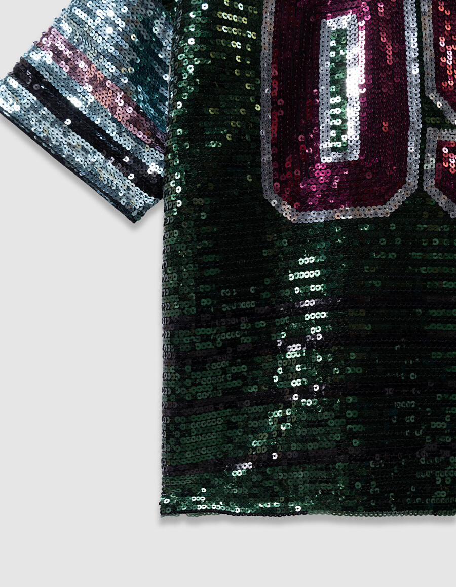 maglietta verde da bambina con scritta ricamata in paillettes