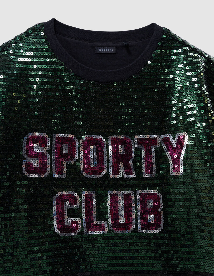 maglietta verde da bambina con scritta ricamata in paillettes