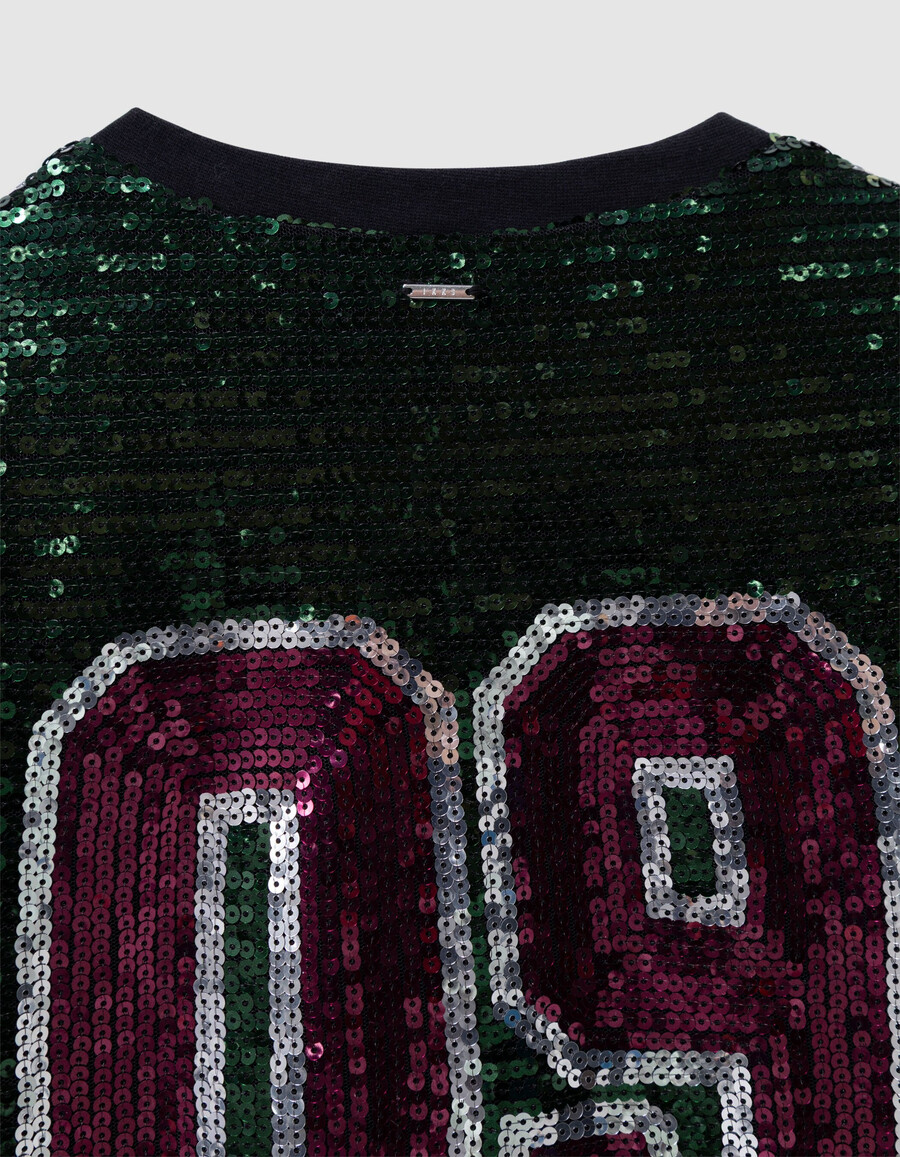 maglietta verde da bambina con scritta ricamata in paillettes