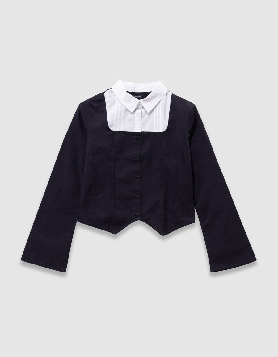 camicia nera trompe-loeil bianca sul davanti per bambine