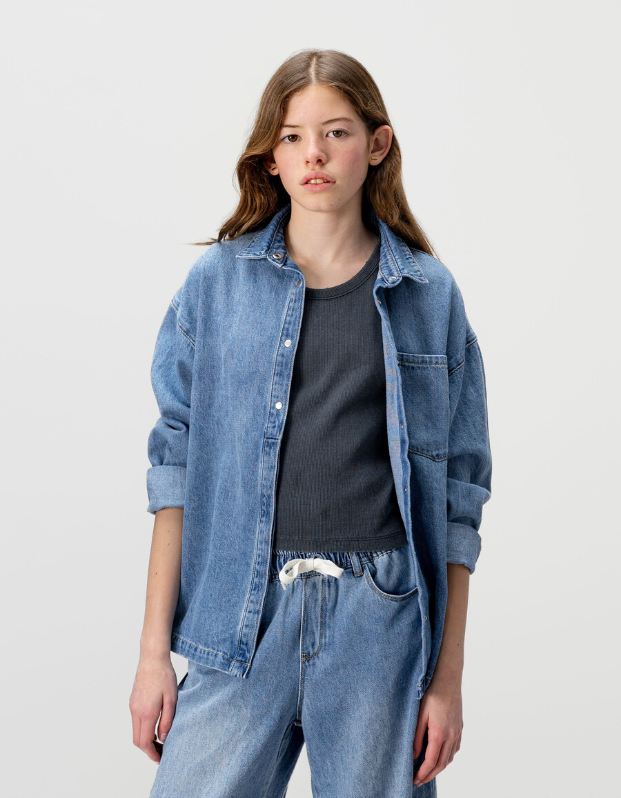 camicia oversize in denim blu per ragazze